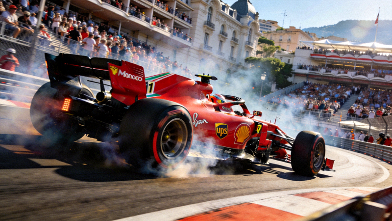 F1摩纳哥大奖赛正赛现场，红色法拉利赛车在街道弯道高速过弯