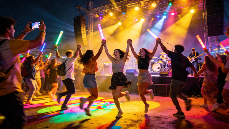 音乐节现场观众沉浸在欢乐的音乐氛围中，舞台灯光璀璨